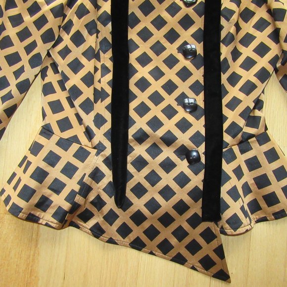 VINTAGE RICHARD WARREN SILK BLOUSE/BLACK + BROWN/TIE/BUTTONS/SIZE 8/HONG KONG! - Picture 4 of 8